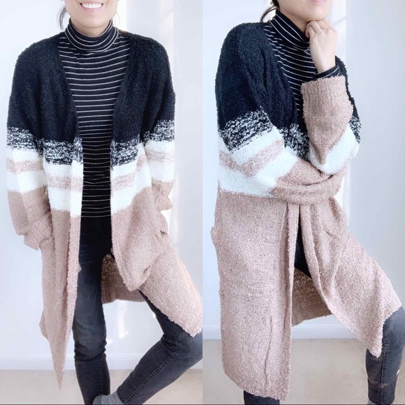 LONG CARDIGAN SWEATER WITH POCKETS - BLACK WHITE TAUPE - Picture 4 of 7